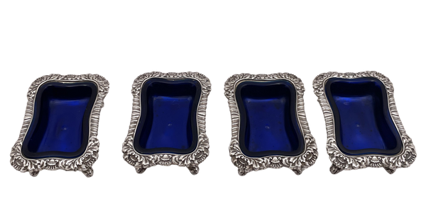 Tiffany & Co. Set of 4 Sterling Silver 1879 Open Salt Cellars with Blue Liners