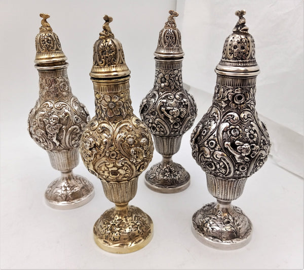 Sterling Silver Hand Chased Cherub Repousse Master Shakers with European Hallmark -- Set of 5