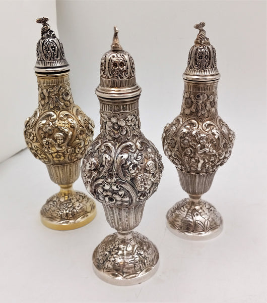Sterling Silver Hand Chased Cherub Repousse Master Shakers with European Hallmark -- Set of 5