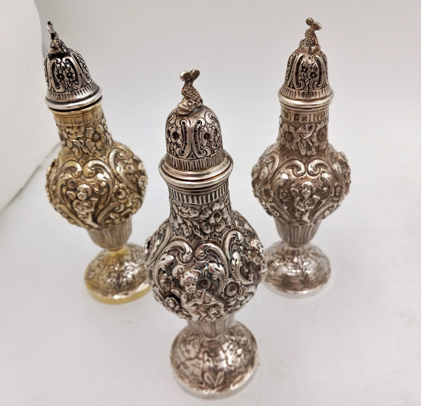 Sterling Silver Hand Chased Cherub Repousse Master Shakers with European Hallmark -- Set of 5