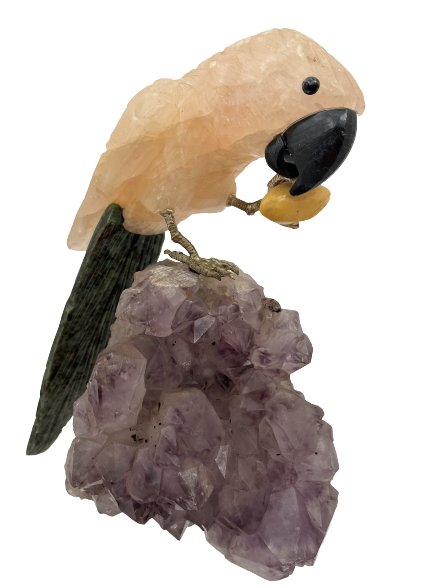 Parrot Bird Carved Stone Sculpture on Amethyst