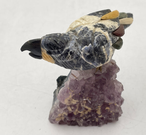 Multicolored Bird Carved Stone Sculpture on Amethyst