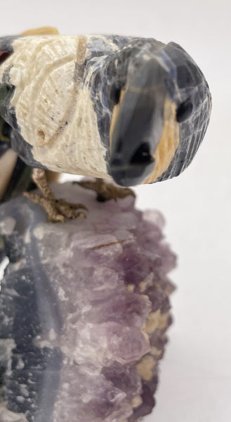 Multicolored Bird Carved Stone Sculpture on Amethyst