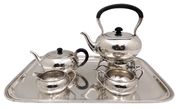 McAuliffe & Handley Sterling Silver 4-Piece Tea Service in Arts & Crafts Style with Tray