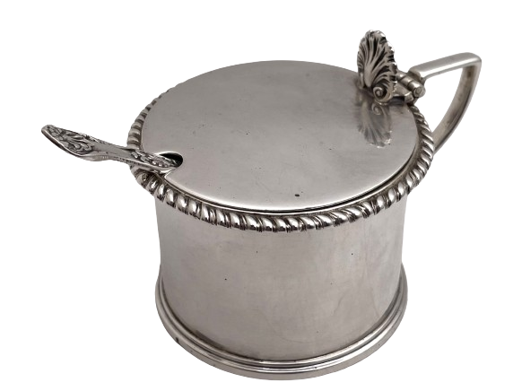 English Sterling Silver 1890 Victorian Mustard Pot with Glass Liner and Spoon