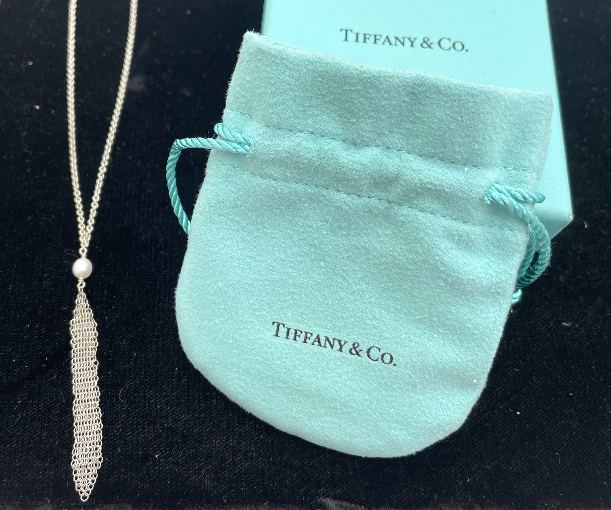 Tiffany & Co. by E. Peretti Mesh Sterling Silver & Pearl Necklace with Original Pouch & Box