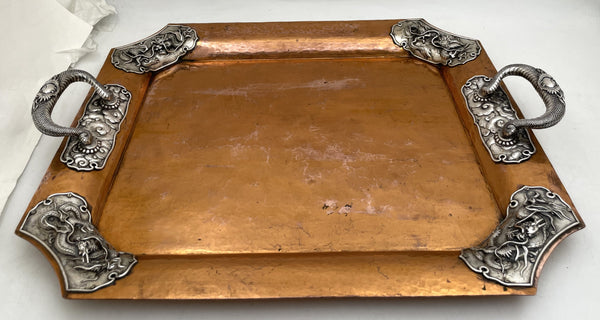 Japanese Mixed Metal Silver on Copper Tray with Dragon Motifs