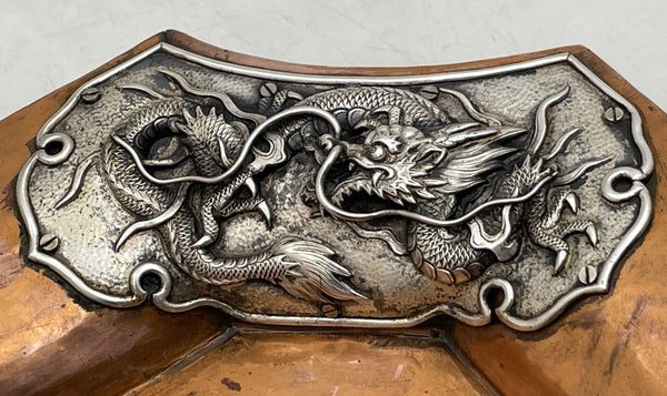 Japanese Mixed Metal Silver on Copper Tray with Dragon Motifs