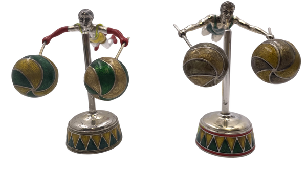 Tiffany & Co. Sterling Silver and Enamel Set of 2 Acrobatic Circus Figurines on Plinths by Gene Moore