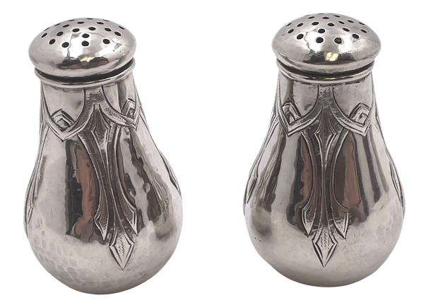 Lebolt Pair of Sterling Silver Hammered Salt & Pepper Shakers in Arts & Crafts Style