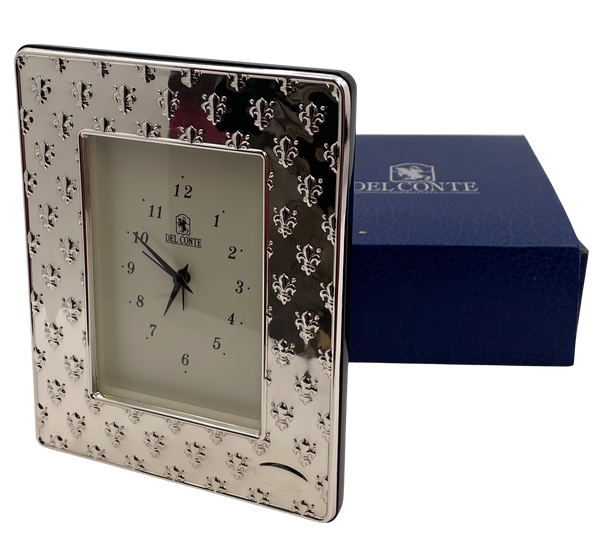 Del Conte Sterling Silver Desk Clock with Fleur de Lys Pattern