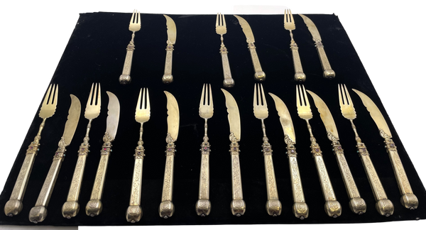 Austrian All Silver 20- Piece Fish Set Circa 1880 Gilt Inlaid with Stones