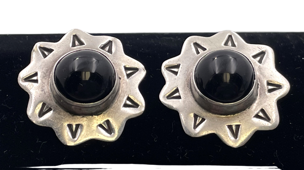 Anna Harvey Pair of Mexican Sterling Silver & Black Onyx Starburst Earrings