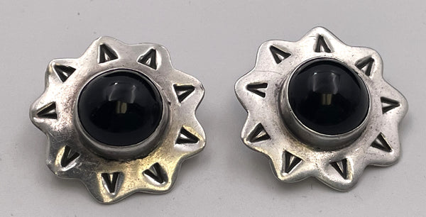 Anna Harvey Pair of Mexican Sterling Silver & Black Onyx Starburst Earrings