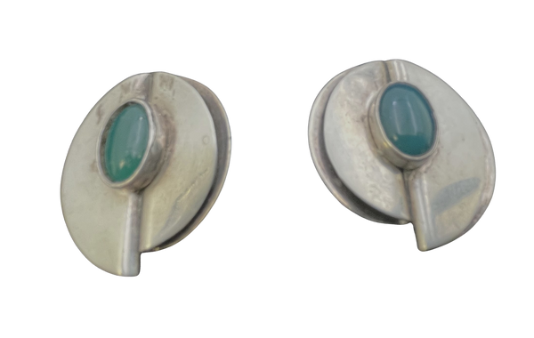 Pair of Mexican Sterling Silver & Green Stone Earrings in Mid-Century Modern Style