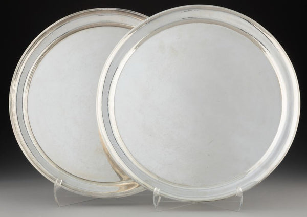 Pair of Georg Jensen sterling silver round platter trays in pattern #223