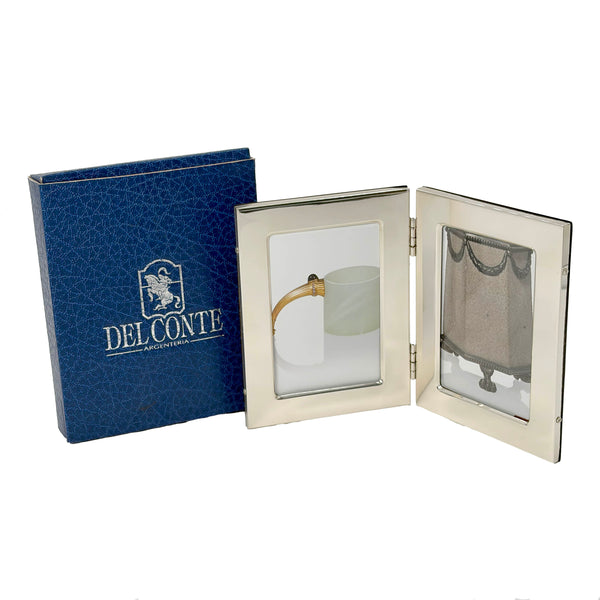 Del Conte Sterling Silver Double Picture Frame with Wood Back New In Box