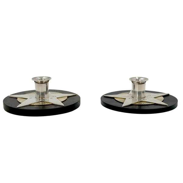 Pair of Georg Jensen 1940 Sterling Silver and Wood Candlesticks by Arno Malinowski
