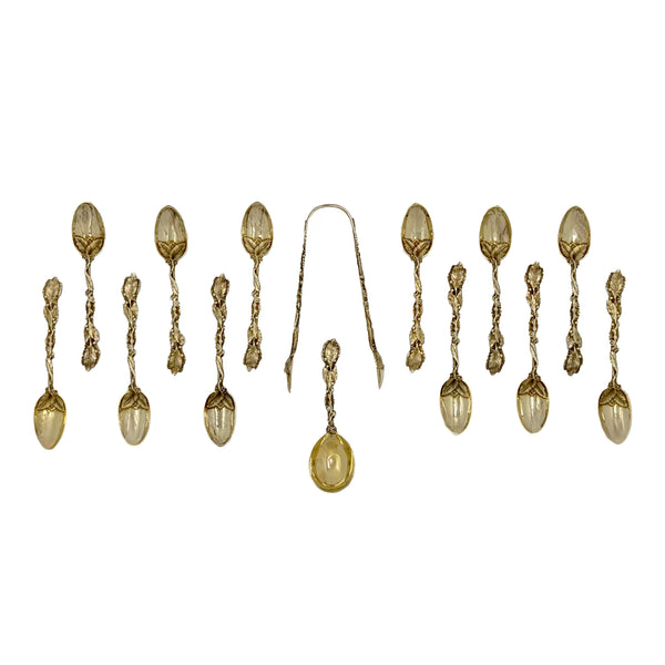 Francis Higgins English 1865 Gilt Sterling Silver Spoons and Tongs with Leaves