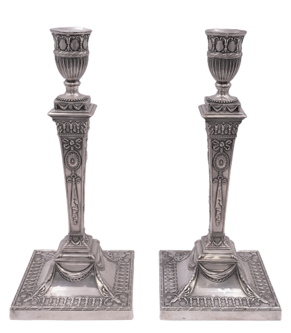 Pair of English Sterling Silver Repousse Candlesticks