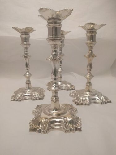 Set of 4 Ensko Georgian Style Cast Candlesticks with Shell Border