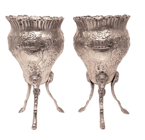 Pair of Silver Footed Vases With Flowers and Bows