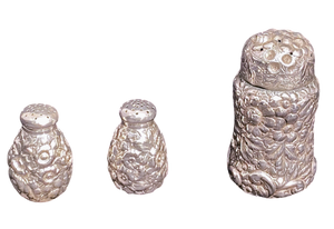 Shiebler Sterling Silver Repoussé Set of 3 Salt, Pepper, and Sugar Shakers from the late 19th Century