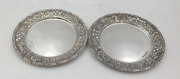 Pair of Schofield Sterling Silver Repousse Wine Coasters in Baltimore Rose Pattern