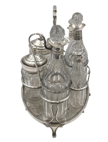 Hennell English 1805 Sterling Silver Georgian Cruet Condiment Set with Shaker, Stand, and Bottles