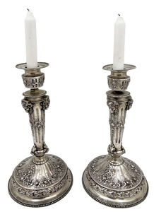 Pair of Continental Chased Silver Candlesticks from 19th Century with Rams' Heads