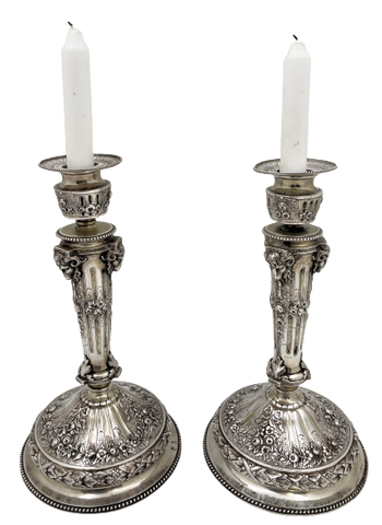 Pair of Continental Chased Silver Candlesticks from 19th Century with Rams' Heads