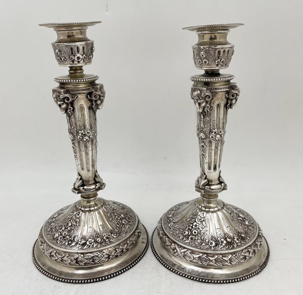 Pair of Continental Chased Silver Candlesticks from 19th Century with Rams' Heads