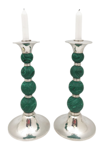 Crawford Sterling Silver and Malachite Candlesticks in Mid-Century Modern Style