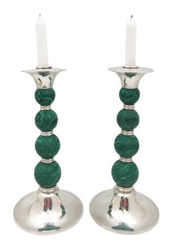 Crawford Sterling Silver and Malachite Candlesticks in Mid-Century Modern Style