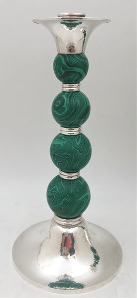 Crawford Sterling Silver and Malachite Candlesticks in Mid-Century Modern Style