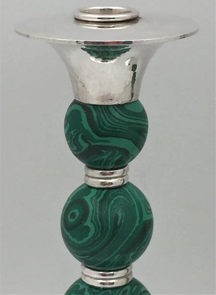 Crawford Sterling Silver and Malachite Candlesticks in Mid-Century Modern Style