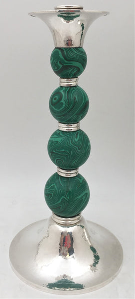 Crawford Sterling Silver and Malachite Candlesticks in Mid-Century Modern Style