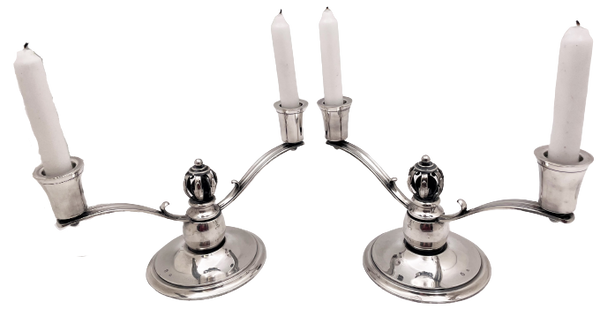 Danish Silver 2-Light Candelabra/ Oil Lamps in Jensen Mid-Century Modern Style