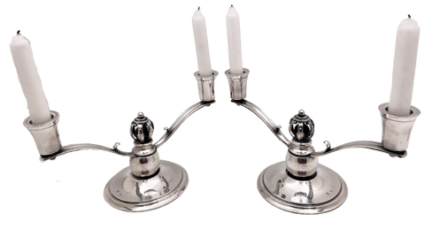 Danish Silver 2-Light Candelabra/ Oil Lamps in Jensen Mid-Century Modern Style