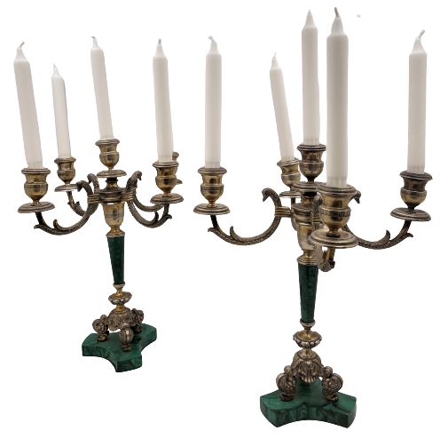 Bartolini Bartolozzi Italian Gilt Silver & Malachite Pair of 5-Light Candelabra