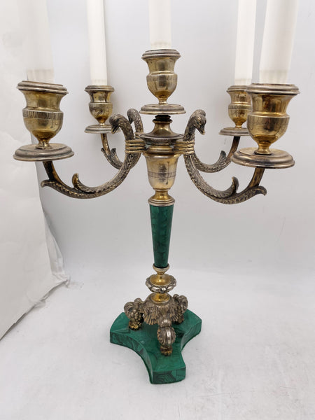 Bartolini Bartolozzi Italian Gilt Silver & Malachite Pair of 5-Light Candelabra