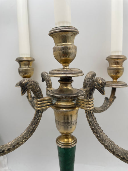 Bartolini Bartolozzi Italian Gilt Silver & Malachite Pair of 5-Light Candelabra