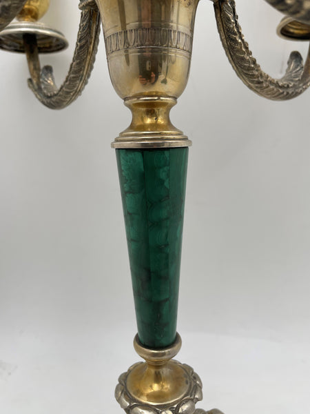 Bartolini Bartolozzi Italian Gilt Silver & Malachite Pair of 5-Light Candelabra