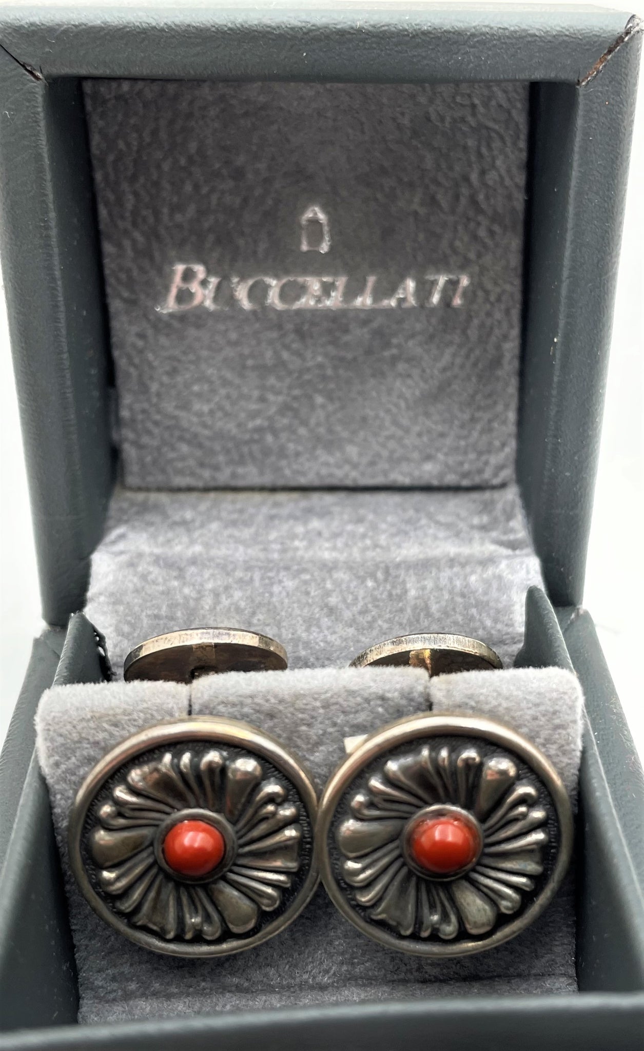 Buccellati Italian Pair of Sterling Silver & Jasper Floral Cufflinks