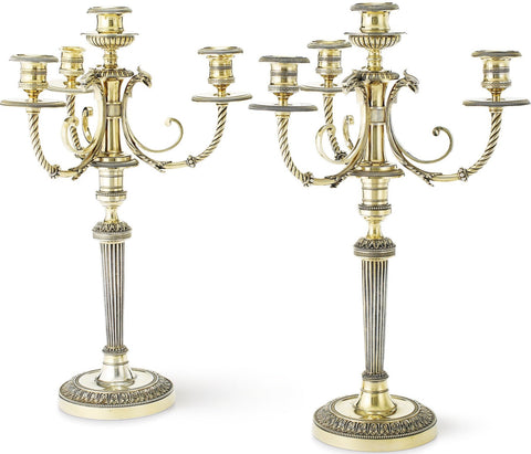 Pair of French Empire Style Gilt Silver-Plate Four-Light Candelabra