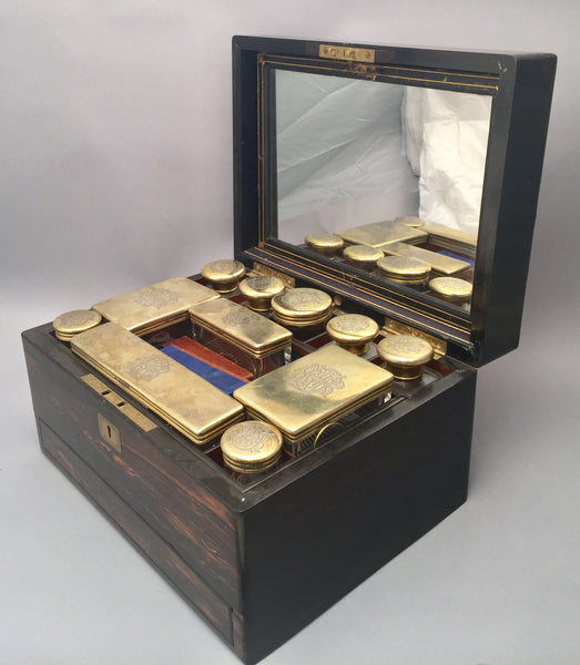 English Wooden Necessaire Case With Glass & Gilt Jars