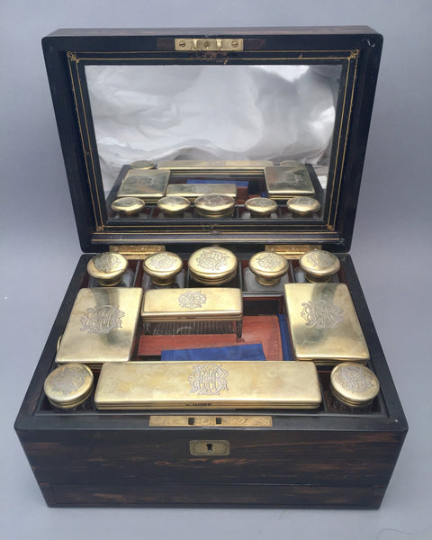 English Wooden Necessaire Case With Glass & Gilt Jars