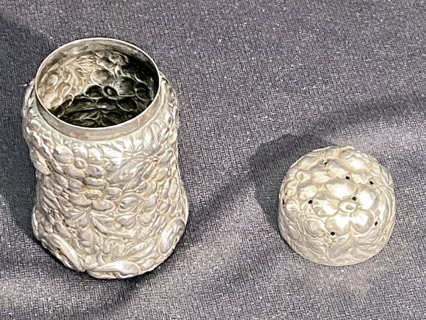 Shiebler Sterling Silver Repoussé Set of 3 Salt, Pepper, and Sugar Shakers from the late 19th Century